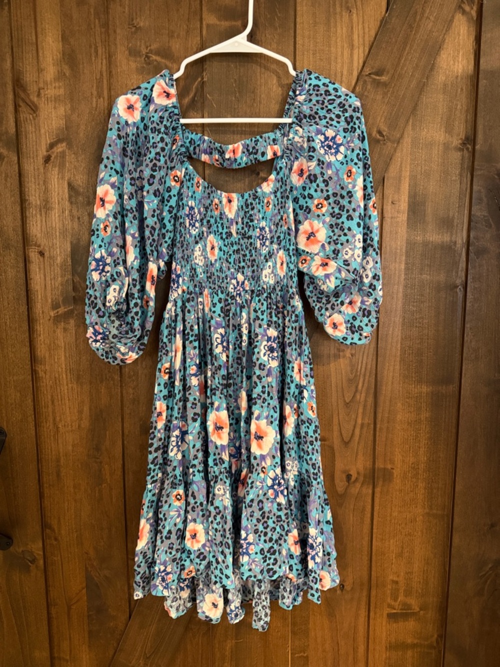 Umgee Teal Floral & Leopard Print Smocked Dress